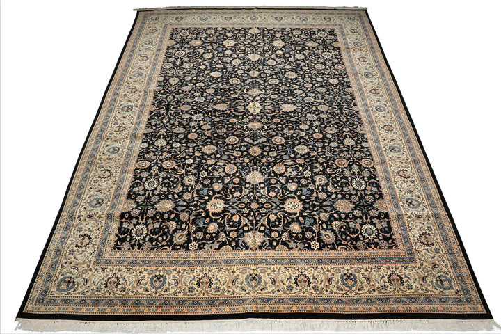 OverSize Black, Ivory, Blue Color Hand Knotted Pak Persian Wool Traditional Oriental Rug