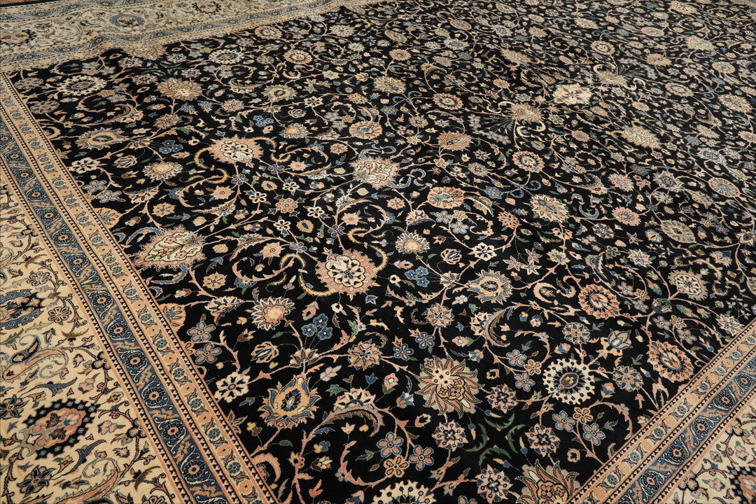 OverSize Black, Ivory, Blue Color Hand Knotted Pak Persian Wool Traditional Oriental Rug