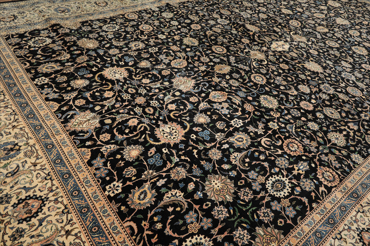 OverSize Black, Ivory, Blue Color Hand Knotted Pak Persian Wool Traditional Oriental Rug