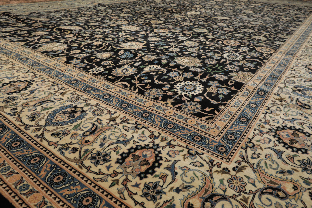OverSize Black, Ivory, Blue Color Hand Knotted Pak Persian Wool Traditional Oriental Rug