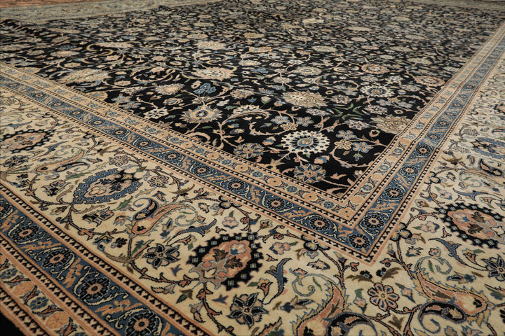 OverSize Black, Ivory, Blue Color Hand Knotted Pak Persian Wool Traditional Oriental Rug