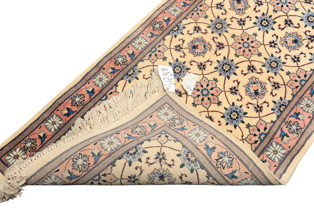 Runner Ivory, Rose, Blue Color Hand Knotted Kashan Wool Traditional Oriental Rug