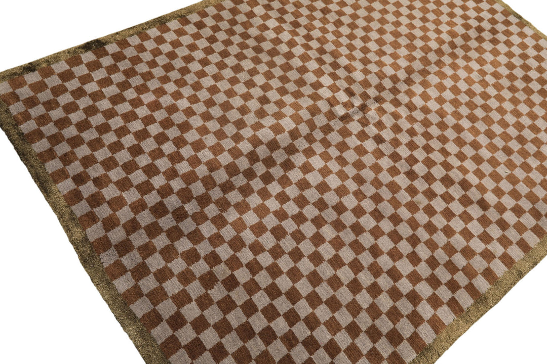 5x7 Gray, Brown, Sage Color Hand Knotted Tibetan Wool &amp; Silk Moden &amp; Contemporary Oriental Rug