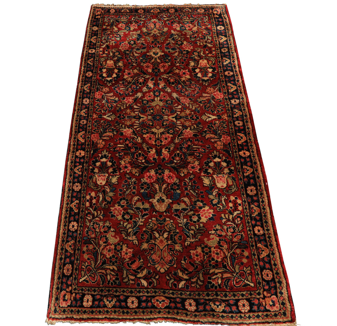 3x5 Red, Midnight Blue, Gold Color Hand Knotted Sarouk Wool Traditional Oriental Rug