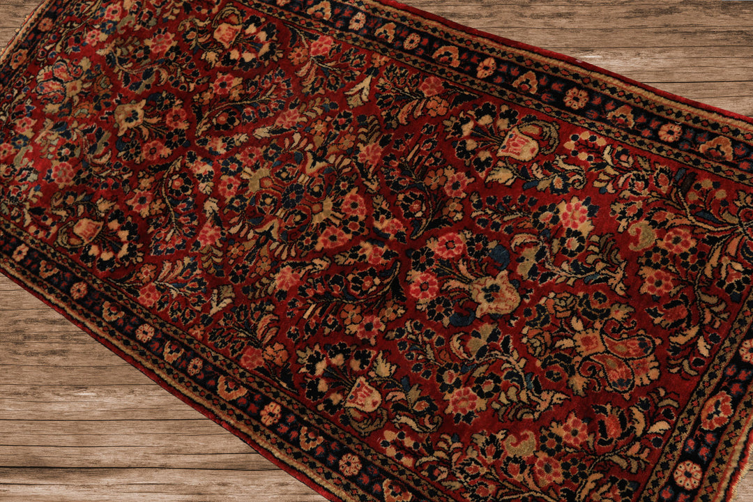 3x5 Red, Midnight Blue, Gold Color Hand Knotted Sarouk Wool Traditional Oriental Rug
