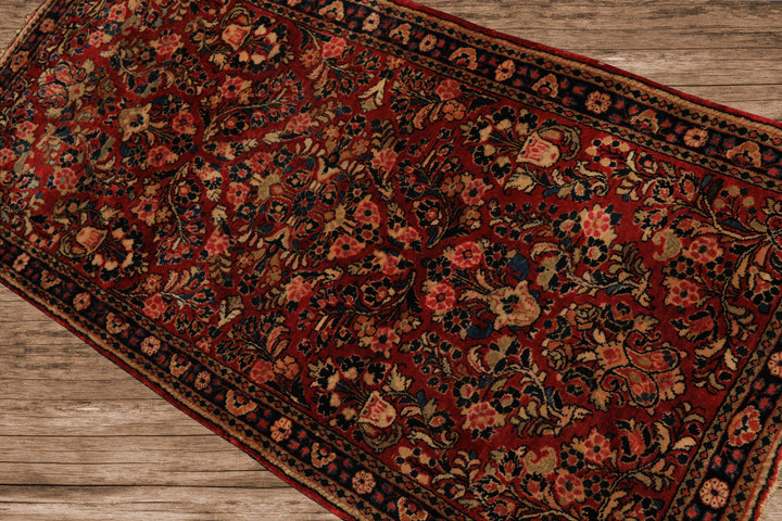 3x5 Red, Midnight Blue, Gold Color Hand Knotted Sarouk Wool Traditional Oriental Rug