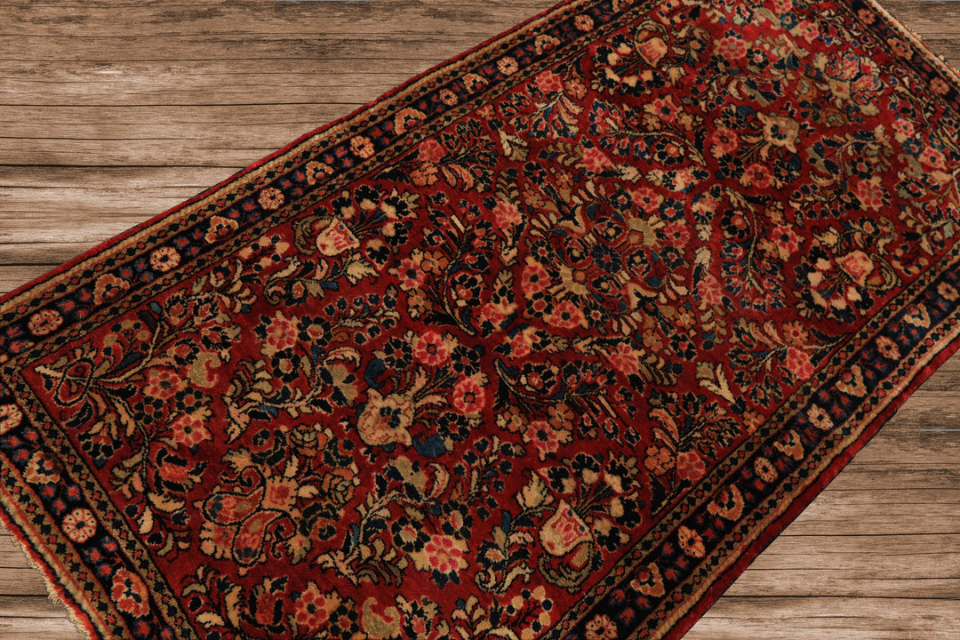 3x5 Red, Midnight Blue, Gold Color Hand Knotted Sarouk Wool Traditional Oriental Rug