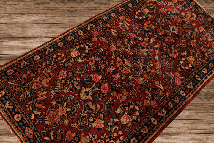 3x5 Red, Midnight Blue, Gold Color Hand Knotted Sarouk Wool Traditional Oriental Rug