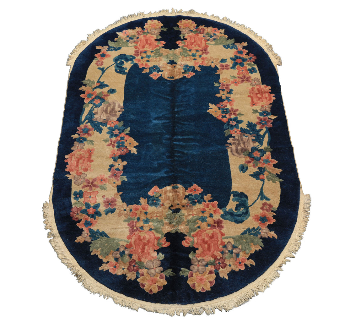 5x8 Navy, Beige, Celadon Color Hand Knotted Chinese Art Deco Wool Traditional Oriental Rug