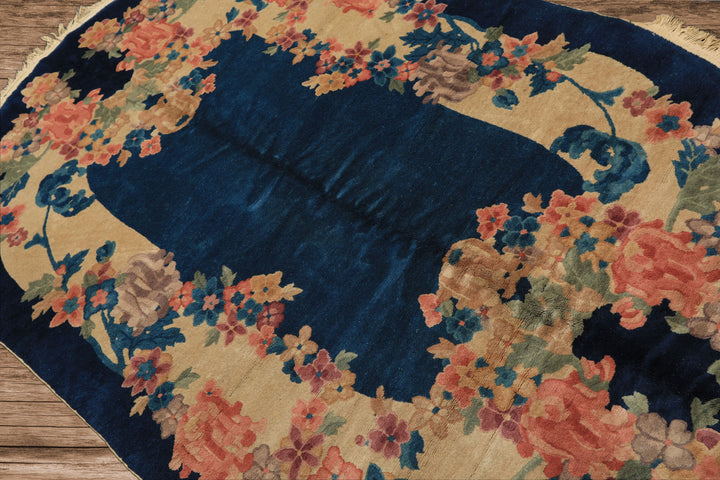 5x8 Navy, Beige, Celadon Color Hand Knotted Chinese Art Deco Wool Traditional Oriental Rug