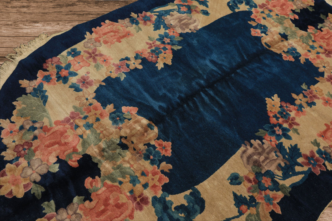 5x8 Navy, Beige, Celadon Color Hand Knotted Chinese Art Deco Wool Traditional Oriental Rug