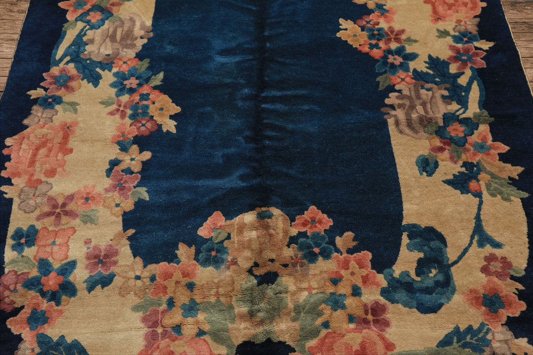 5x8 Navy, Beige, Celadon Color Hand Knotted Chinese Art Deco Wool Traditional Oriental Rug