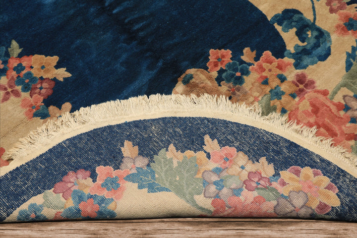 5x8 Navy, Beige, Celadon Color Hand Knotted Chinese Art Deco Wool Traditional Oriental Rug