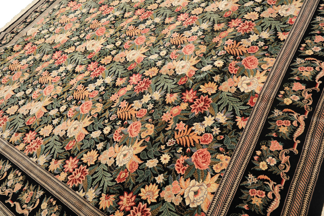 9x12 Black, Ivory, Rose Color Hand Knotted Pak Persian Wool &amp; Silk Traditional Oriental Rug