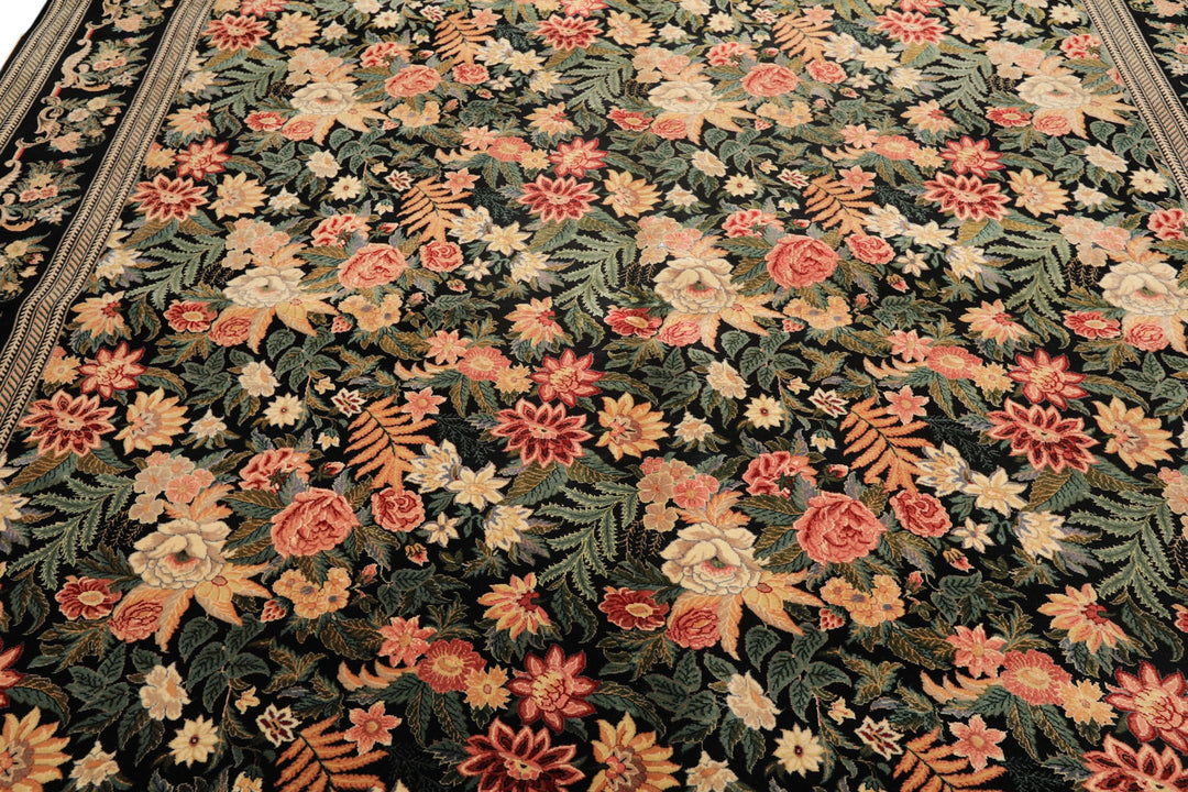 9x12 Black, Ivory, Rose Color Hand Knotted Pak Persian Wool &amp; Silk Traditional Oriental Rug
