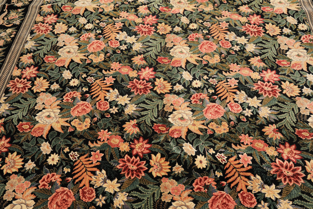 9x12 Black, Ivory, Rose Color Hand Knotted Pak Persian Wool &amp; Silk Traditional Oriental Rug