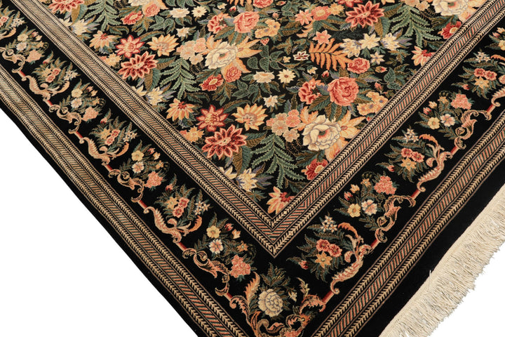 9x12 Black, Ivory, Rose Color Hand Knotted Pak Persian Wool &amp; Silk Traditional Oriental Rug