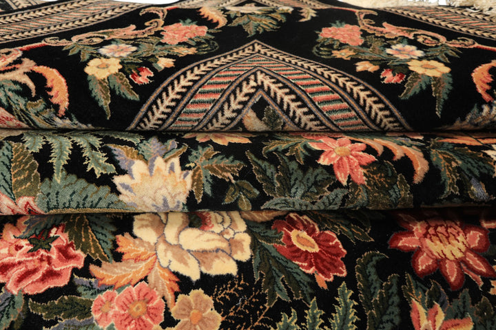 9x12 Black, Ivory, Rose Color Hand Knotted Pak Persian Wool &amp; Silk Traditional Oriental Rug