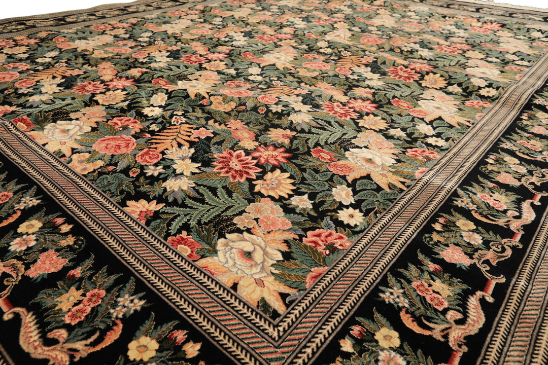 9x12 Black, Ivory, Rose Color Hand Knotted Pak Persian Wool &amp; Silk Traditional Oriental Rug