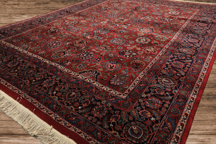 8x10 Burgundy, Navy, Ivory Color Hand Knotted Sarouk New Zealand Wool Traditional Oriental Rug