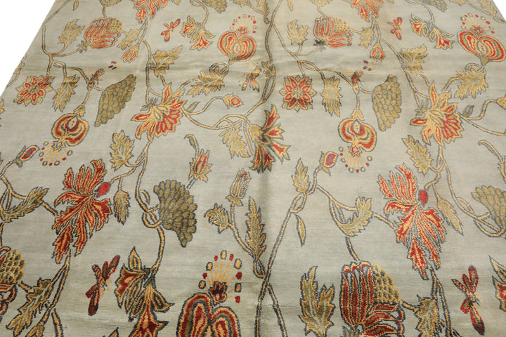 8x10 Aqua, Burnt Orange, Gold Color Hand Knotted Tibetan Wool &amp; Pure Silk Traditional Oriental Rug