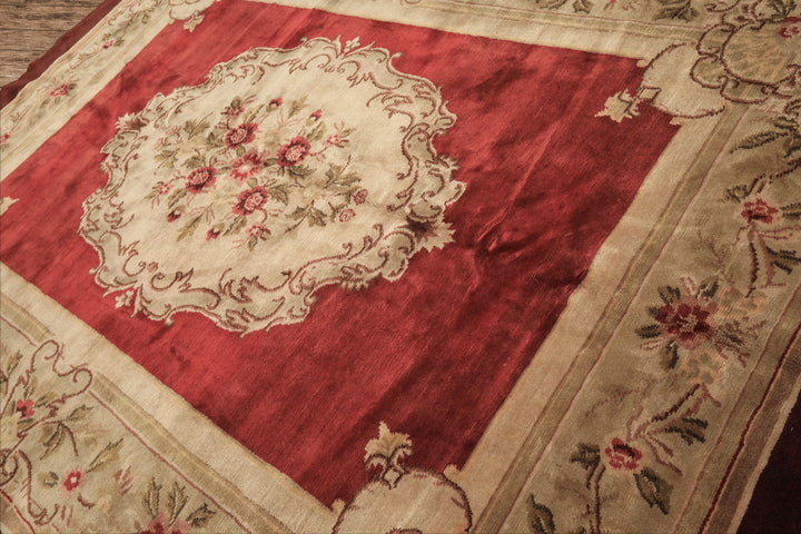 8x11 Burgundy, Sage, Brown Color Hand Knotted French Aubusson Savonerrie Wool Traditional Oriental Rug