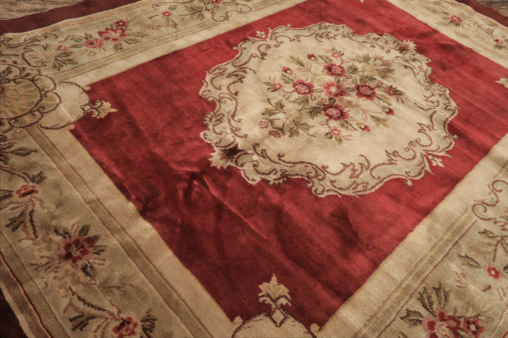 8x11 Burgundy, Sage, Brown Color Hand Knotted French Aubusson Savonerrie Wool Traditional Oriental Rug