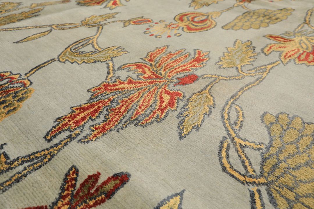 8x10 Aqua, Burnt Orange, Gold Color Hand Knotted Tibetan Wool &amp; Pure Silk Traditional Oriental Rug