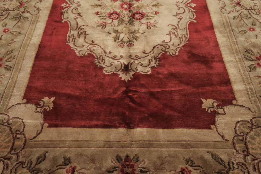 8x11 Burgundy, Sage, Brown Color Hand Knotted French Aubusson Savonerrie Wool Traditional Oriental Rug