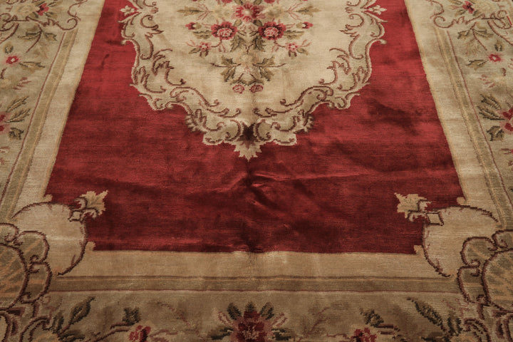 8x11 Burgundy, Sage, Brown Color Hand Knotted French Aubusson Savonerrie Wool Traditional Oriental Rug