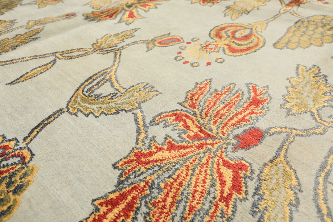 8x10 Aqua, Burnt Orange, Gold Color Hand Knotted Tibetan Wool &amp; Pure Silk Traditional Oriental Rug