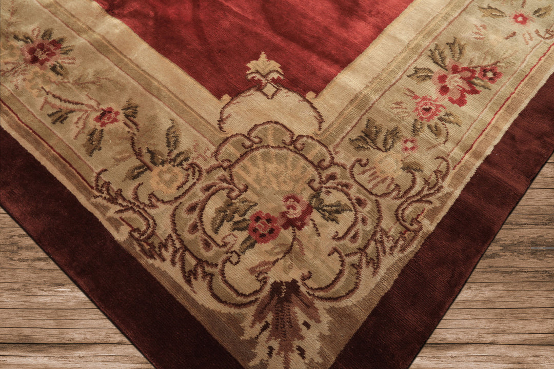 8x11 Burgundy, Sage, Brown Color Hand Knotted French Aubusson Savonerrie Wool Traditional Oriental Rug