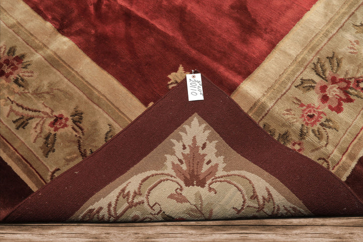 8x11 Burgundy, Sage, Brown Color Hand Knotted French Aubusson Savonerrie Wool Traditional Oriental Rug