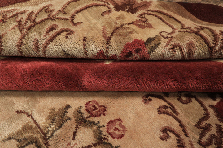8x11 Burgundy, Sage, Brown Color Hand Knotted French Aubusson Savonerrie Wool Traditional Oriental Rug