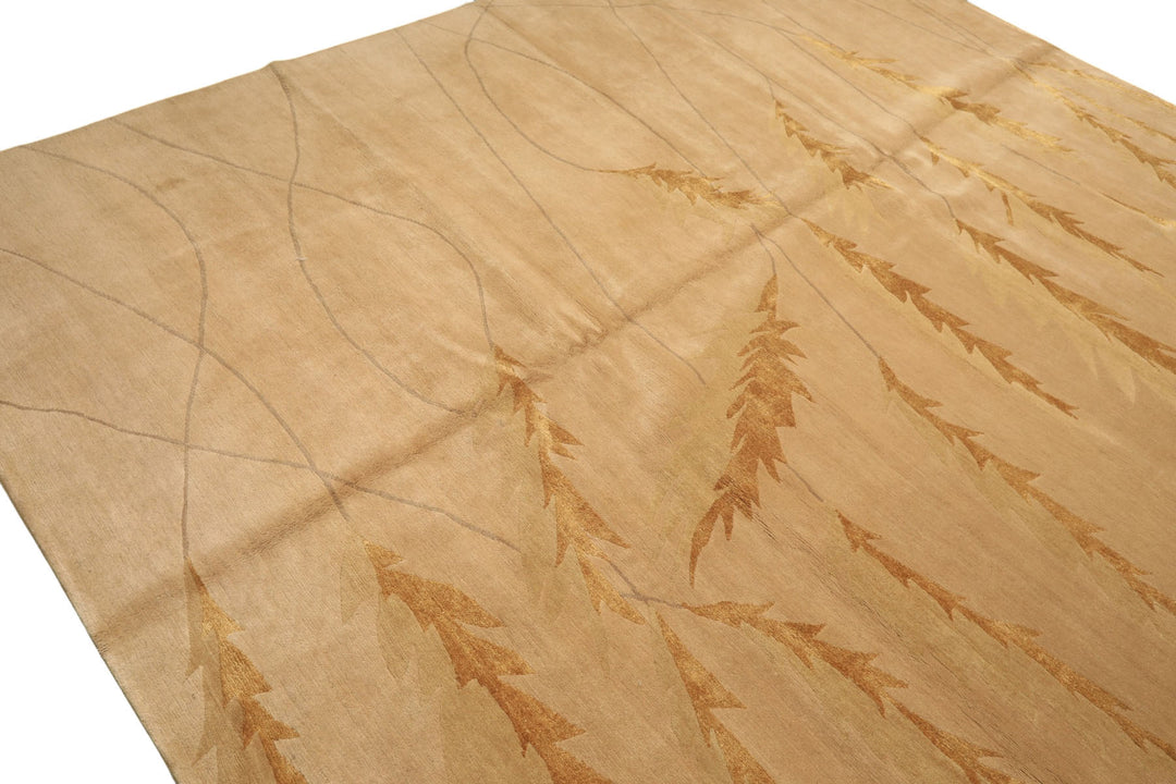 8x10 Tan, Gold, Gray Color Hand Knotted Tibetan Wool &amp; Pure Silk Transitional Oriental Rug