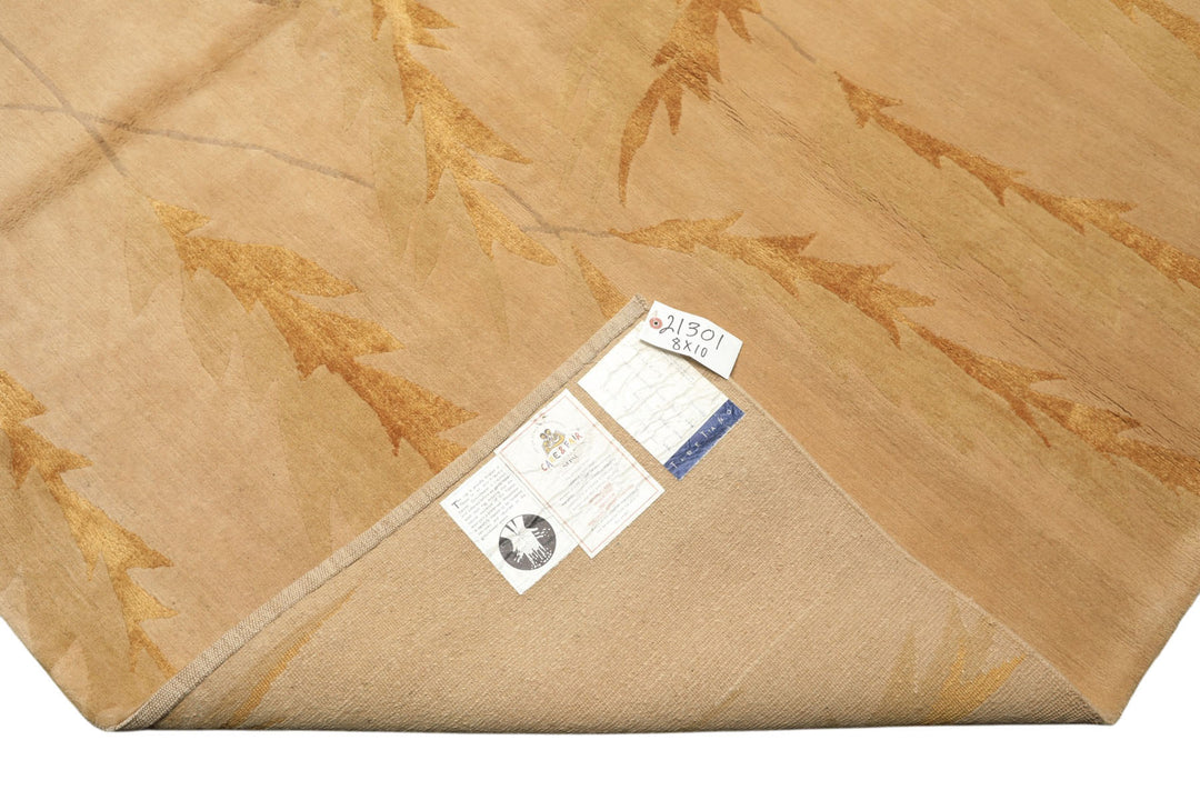 8x10 Tan, Gold, Gray Color Hand Knotted Tibetan Wool &amp; Pure Silk Transitional Oriental Rug