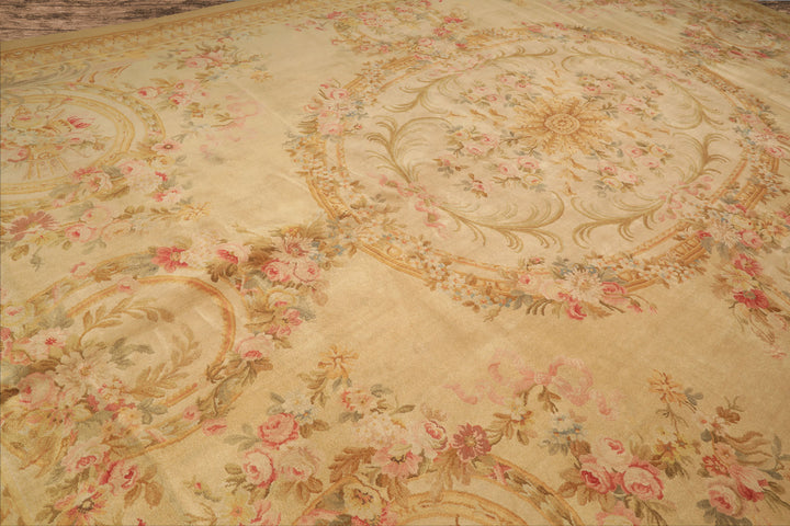 Oversize Beige, Tan, Gold Color Hand Knotted French Aubusson Savonerrie Wool Traditional Oriental Rug