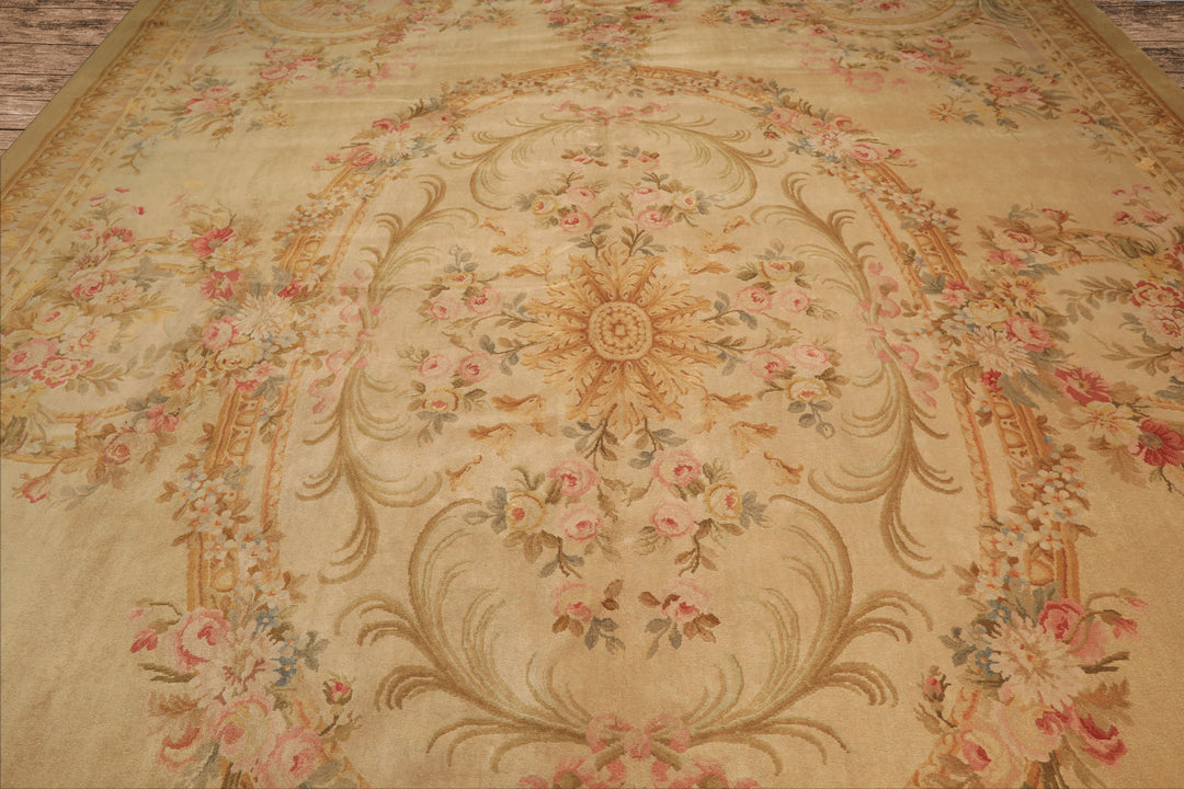 Oversize Beige, Tan, Gold Color Hand Knotted French Aubusson Savonerrie Wool Traditional Oriental Rug