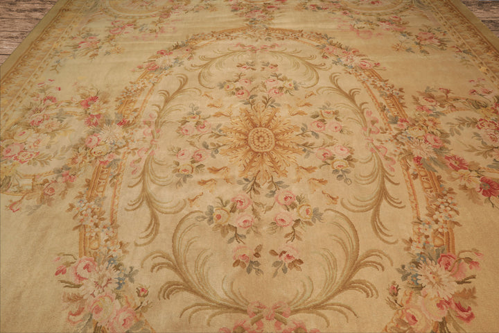 Oversize Beige, Tan, Gold Color Hand Knotted French Aubusson Savonerrie Wool Traditional Oriental Rug