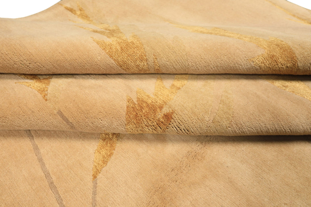 8x10 Tan, Gold, Gray Color Hand Knotted Tibetan Wool &amp; Pure Silk Transitional Oriental Rug