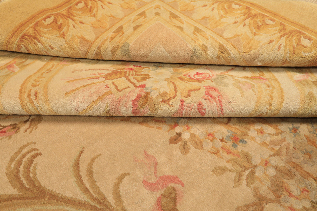 Oversize Beige, Tan, Gold Color Hand Knotted French Aubusson Savonerrie Wool Traditional Oriental Rug
