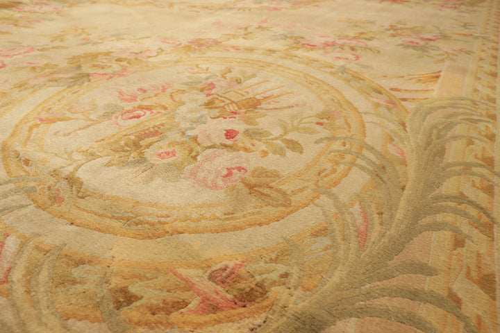 Oversize Beige, Tan, Gold Color Hand Knotted French Aubusson Savonerrie Wool Traditional Oriental Rug