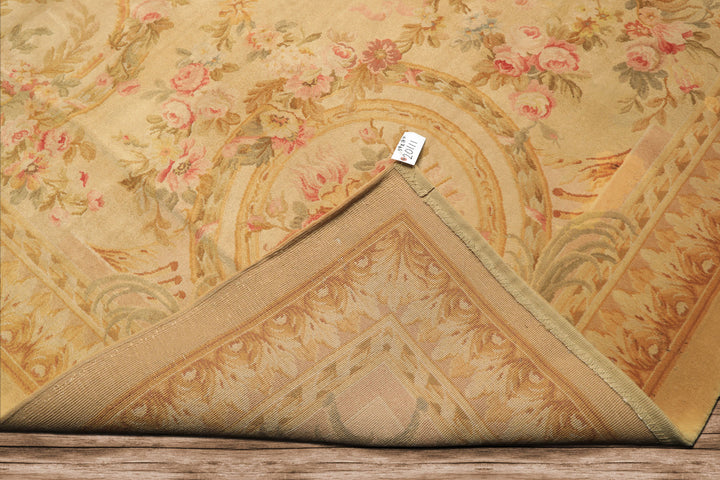 Oversize Beige, Tan, Gold Color Hand Knotted French Aubusson Savonerrie Wool Traditional Oriental Rug