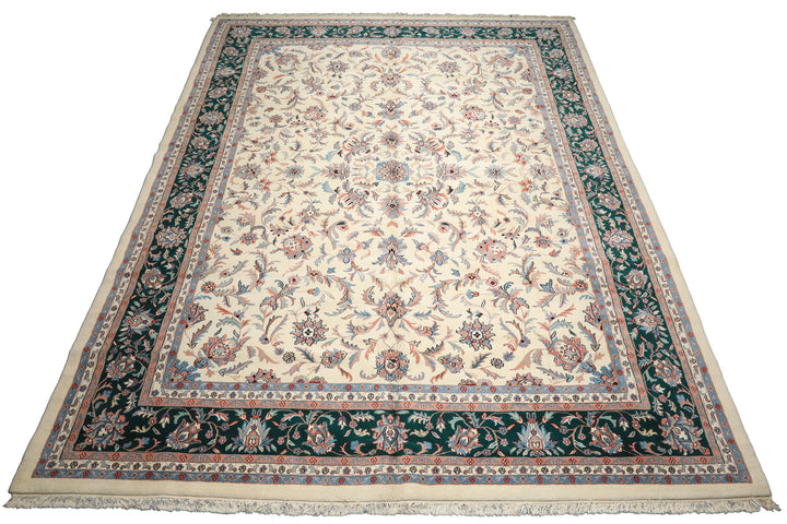 12x15 Cream, Emerald, Blush Color Hand Knotted Kashan Wool Traditional Oriental Rug