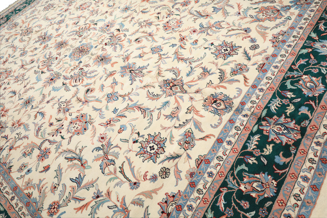 12x15 Cream, Emerald, Blush Color Hand Knotted Kashan Wool Traditional Oriental Rug