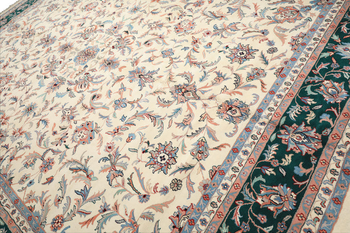 12x15 Cream, Emerald, Blush Color Hand Knotted Kashan Wool Traditional Oriental Rug