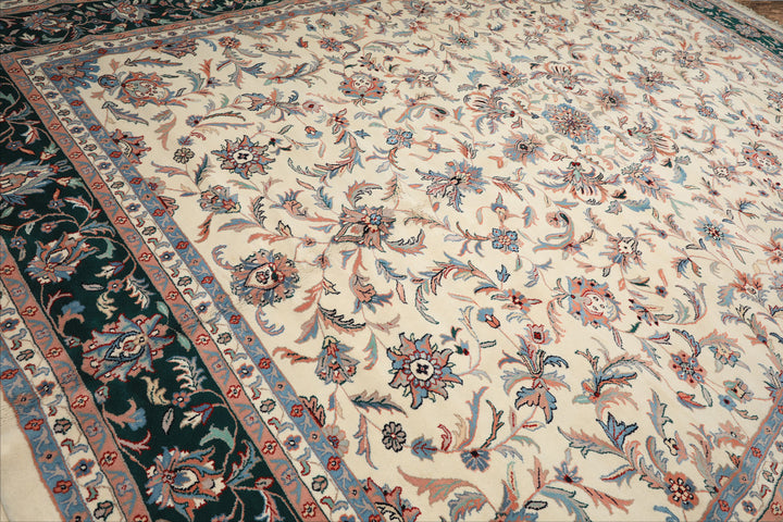 12x15 Cream, Emerald, Blush Color Hand Knotted Kashan Wool Traditional Oriental Rug