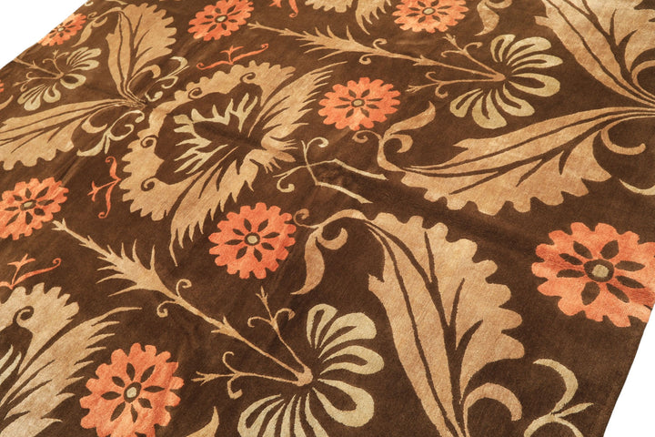 8x10 Brown, Tan, Peach Color Hand Knotted Tibetan Wool &amp; Pure Silk Traditional Oriental Rug