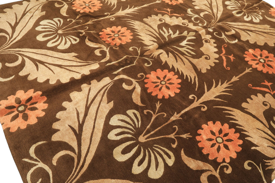 8x10 Brown, Tan, Peach Color Hand Knotted Tibetan Wool &amp; Pure Silk Traditional Oriental Rug