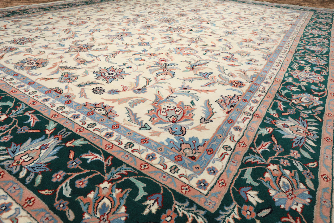 12x15 Cream, Emerald, Blush Color Hand Knotted Kashan Wool Traditional Oriental Rug